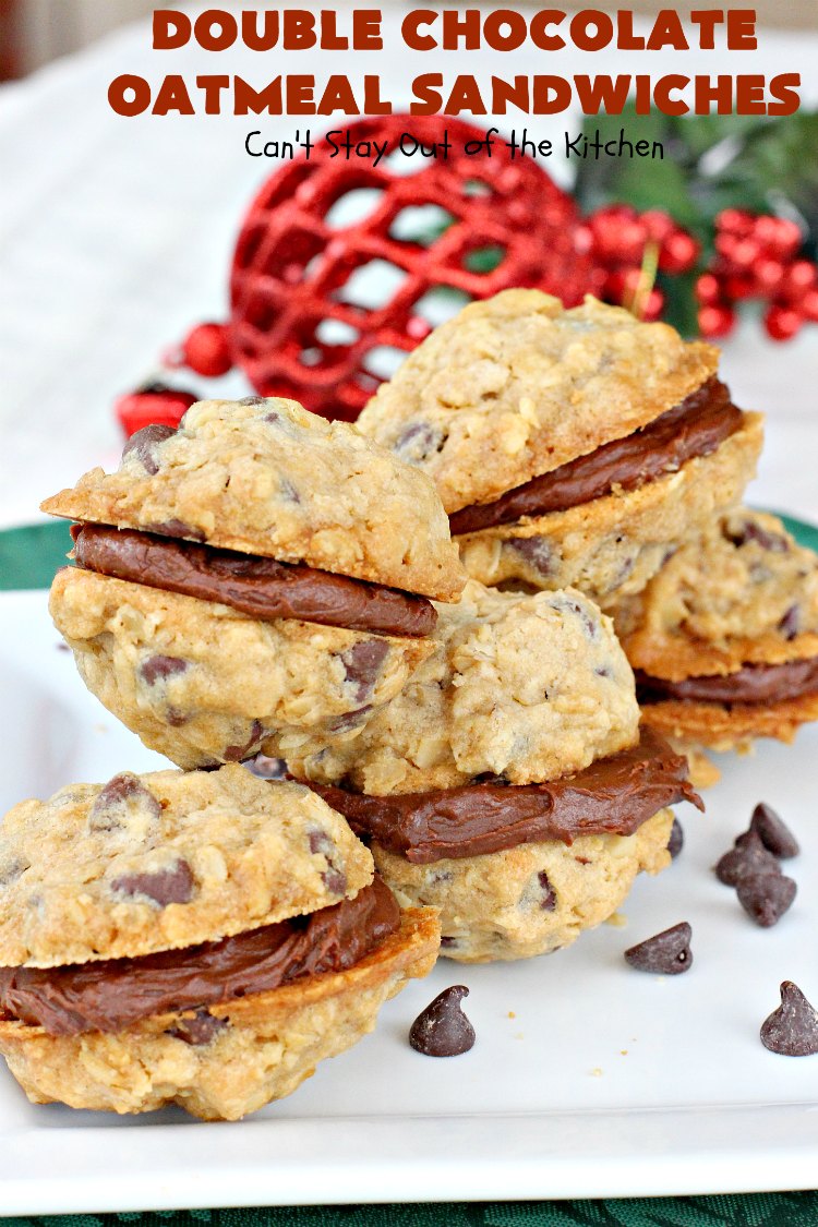 Double Chocolate Oatmeal Cookies | Can't Stay Out of the Kitchen | these spectacular #OatmealCookies feature #ChocolateChips in the #cookies and a #chocolate #fudge frosting sandwiched between to die for! Amazing #dessert for #holiday #ChristmasCookie baking. #ChristmasCookieExchange #FallBaking #DoubleChocolateOatmealSandwiches #ChocolateFudgeFrosting #HolidayDessert