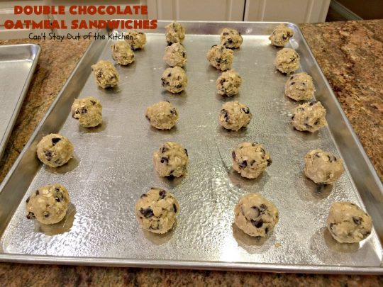 Double Chocolate Oatmeal Cookies | Can't Stay Out of the Kitchen | these spectacular #OatmealCookies feature #ChocolateChips in the #cookies and a #chocolate #fudge frosting sandwiched between to die for! Amazing #dessert for #holiday #ChristmasCookie baking. #ChristmasCookieExchange #FallBaking #DoubleChocolateOatmealSandwiches #ChocolateFudgeFrosting #HolidayDessert