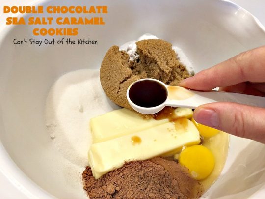Double Chocolate Sea Salt Caramel Cookies | Can't Stay Out of the Kitchen | these are the best sea salt #caramel #cookies ever! This cookie has both cocoa & #chocolate chips in the batter. They are so rich & decadent you won't be able to stop at just one! #dessert