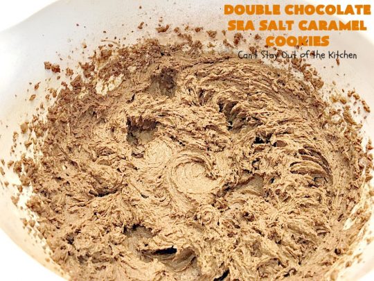 Double Chocolate Sea Salt Caramel Cookies | Can't Stay Out of the Kitchen | these are the best sea salt #caramel #cookies ever! This cookie has both cocoa & #chocolate chips in the batter. They are so rich & decadent you won't be able to stop at just one! #dessert