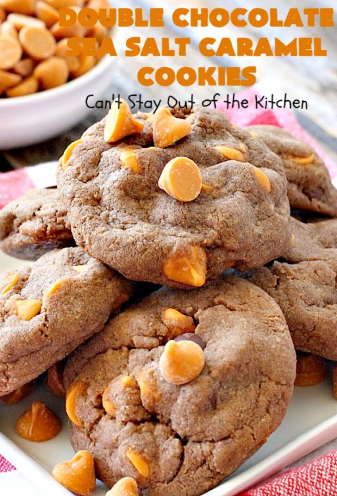 Double Chocolate Sea Salt Caramel Cookies | Can't Stay Out of the Kitchen | these are the best sea salt #caramel #cookies ever! This cookie has both cocoa & #chocolate chips in the batter. They are so rich & decadent you won't be able to stop at just one! #dessert