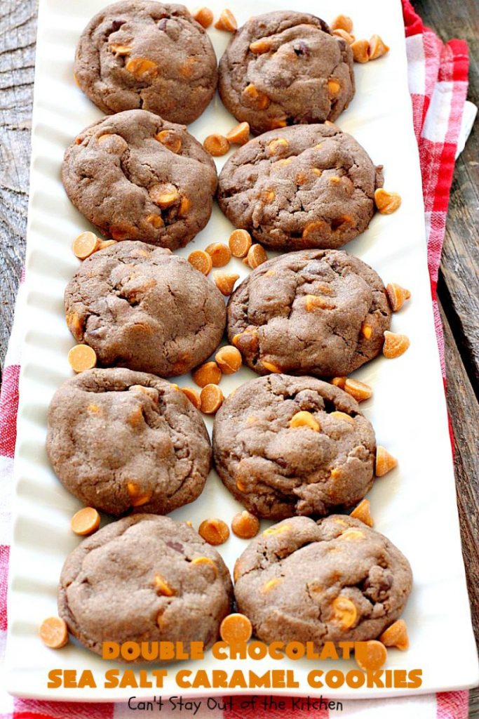 Double Chocolate Sea Salt Caramel Cookies | Can't Stay Out of the Kitchen | these are the best sea salt #caramel #cookies ever! This cookie has both cocoa & #chocolate chips in the batter. They are so rich & decadent you won't be able to stop at just one! #dessert