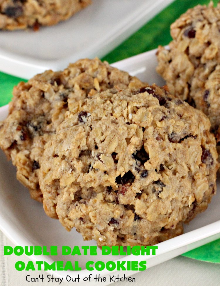 Double Date Delight Oatmeal Cookies | Can't Stay Out of the Kitchen | these fantastic #OatmealCookies are delightful indeed! They're chocked full of #dates & #oatmeal making them doubly delicious. Perfect for #fall or #HolidayBaking, #tailgating parties or potlucks. #dessert #DateOatmealCookies #DoubleDateDelightOatmealCookies #cookies #ChristmasCookieExchange