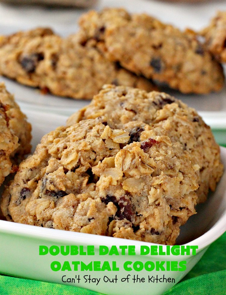 Double Date Delight Oatmeal Cookies | Can't Stay Out of the Kitchen | these fantastic #OatmealCookies are delightful indeed! They're chocked full of #dates & #oatmeal making them doubly delicious. Perfect for #fall or #HolidayBaking, #tailgating parties or potlucks. #dessert #DateOatmealCookies #DoubleDateDelightOatmealCookies #cookies #ChristmasCookieExchange