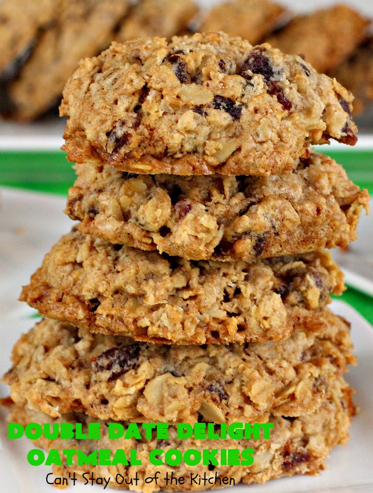 Double Date Delight Oatmeal Cookies | Can't Stay Out of the Kitchen | these fantastic #OatmealCookies are delightful indeed! They're chocked full of #dates & #oatmeal making them doubly delicious. Perfect for #fall or #HolidayBaking, #tailgating parties or potlucks. #dessert #DateOatmealCookies #DoubleDateDelightOatmealCookies #cookies #ChristmasCookieExchange
