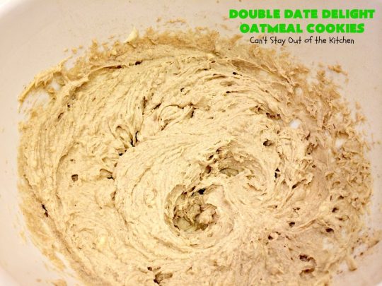 Double Date Delight Oatmeal Cookies | Can't Stay Out of the Kitchen | these fantastic #OatmealCookies are delightful indeed! They're chocked full of #dates & #oatmeal making them doubly delicious. Perfect for #fall or #HolidayBaking, #tailgating parties or potlucks. #dessert #DateOatmealCookies #DoubleDateDelightOatmealCookies #cookies #ChristmasCookieExchange