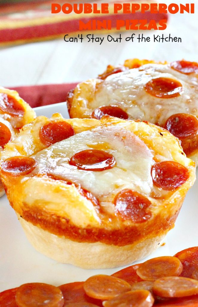 Double Pepperoni Mini Pizzas | Can't Stay Out of the Kitchen | this easy 5-ingredient miniature #pizza is fantastic. It's terrific for #tailgating, #NewYearsEve or #SuperBowl parties. #pepperoni #mozzarella