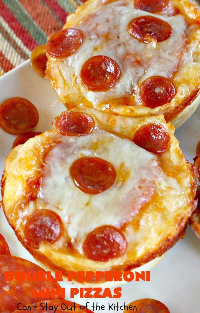 Double Pepperoni Mini Pizzas | Can't Stay Out of the Kitchen | this easy 5-ingredient miniature #pizza is fantastic. It's terrific for #tailgating, #NewYearsEve or #SuperBowl parties. #pepperoni #mozzarella