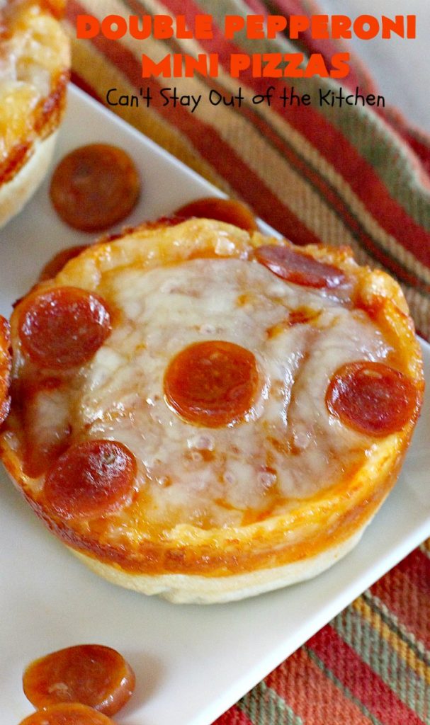 Double Pepperoni Mini Pizzas | Can't Stay Out of the Kitchen | this easy 5-ingredient miniature #pizza is fantastic. It's terrific for #tailgating, #NewYearsEve or #SuperBowl parties. #pepperoni #mozzarella