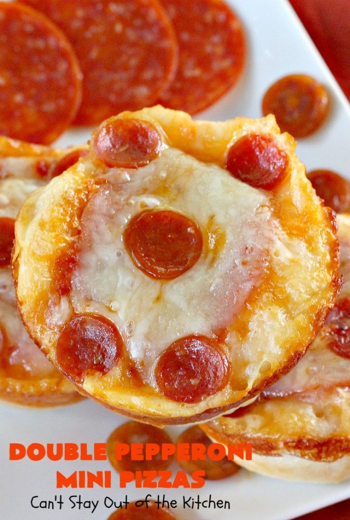 Double Pepperoni Mini Pizzas | Can't Stay Out of the Kitchen | this easy 5-ingredient miniature #pizza is fantastic. It's terrific for #tailgating, #NewYearsEve or #SuperBowl parties. #pepperoni #mozzarella
