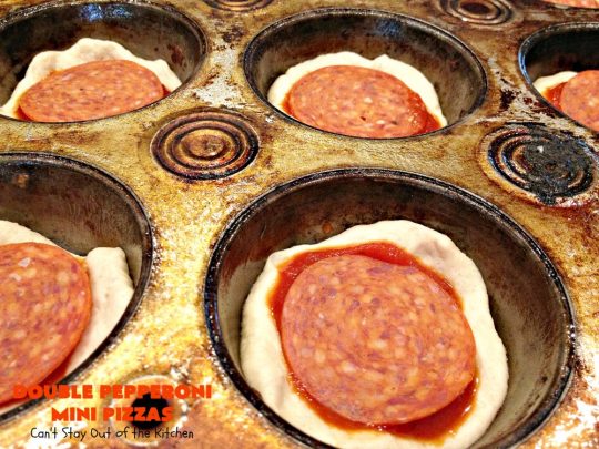 Double Pepperoni Mini Pizzas | Can't Stay Out of the Kitchen | this easy 5-ingredient miniature #pizza is fantastic. It's terrific for #tailgating, #NewYearsEve or #SuperBowl parties. #pepperoni #mozzarella