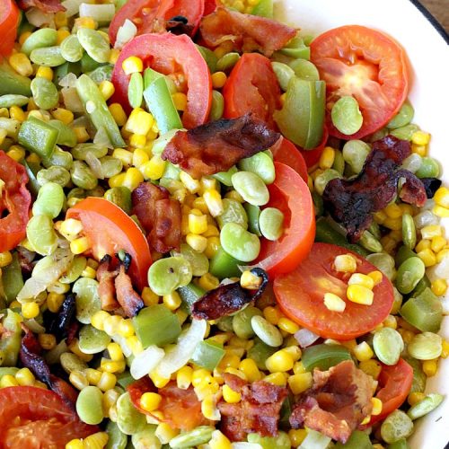 Down Home Succotash | Can't Stay Out of the Kitchen | this is my favorite way to enjoy #succotash. This easy #recipe includes #bacon & Roma #tomatoes along with the #corn & #limabeans. It's a terrific #sidedish for company or family dinners. #glutenfree