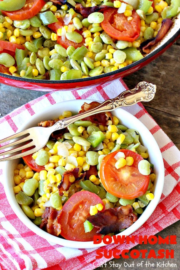 Down Home Succotash | Can't Stay Out of the Kitchen | this is my favorite way to enjoy #succotash. This easy #recipe includes #bacon & Roma #tomatoes along with the #corn & #limabeans. It's a terrific #sidedish for company or family dinners. #glutenfree