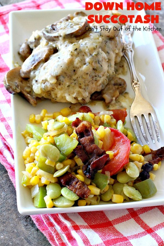 Down Home Succotash | Can't Stay Out of the Kitchen | this is my favorite way to enjoy #succotash. This easy #recipe includes #bacon & Roma #tomatoes along with the #corn & #limabeans. It's a terrific #sidedish for company or family dinners. #glutenfree