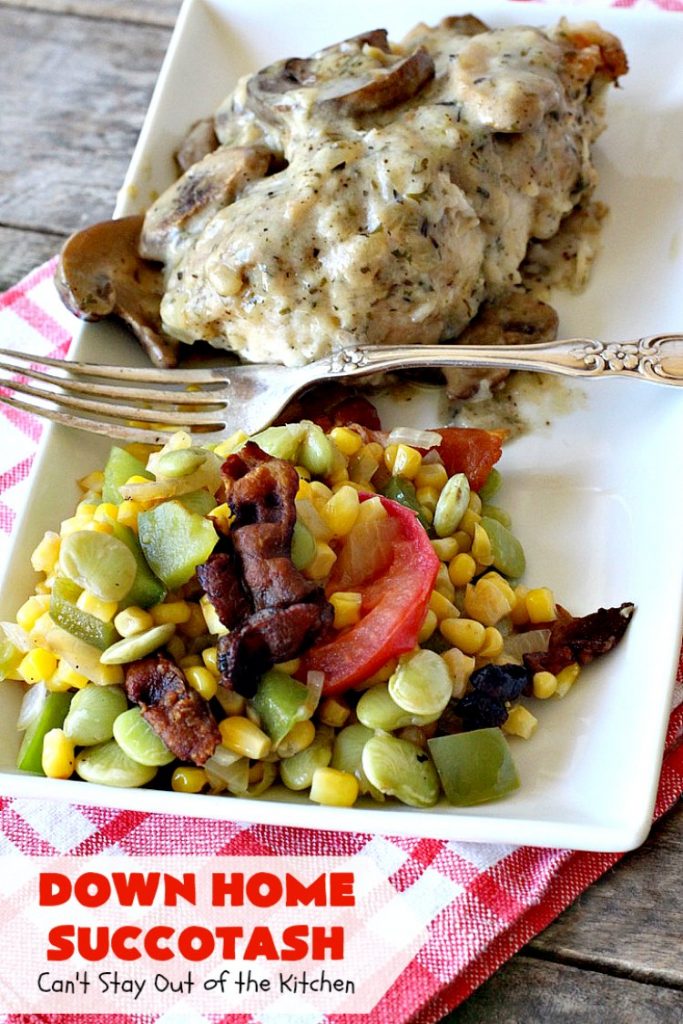 Down Home Succotash | Can't Stay Out of the Kitchen | this is my favorite way to enjoy #succotash. This easy #recipe includes #bacon & Roma #tomatoes along with the #corn & #limabeans. It's a terrific #sidedish for company or family dinners. #glutenfree
