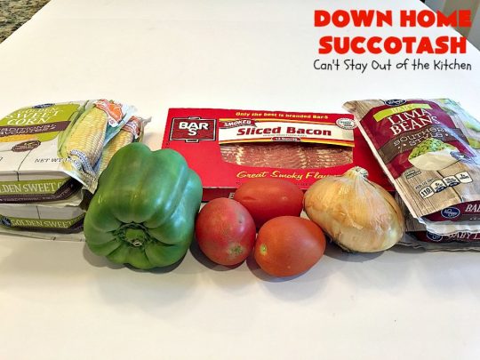 Down Home Succotash | Can't Stay Out of the Kitchen | this is my favorite way to enjoy #succotash. This easy #recipe includes #bacon & Roma #tomatoes along with the #corn & #limabeans. It's a terrific #sidedish for company or family dinners. #glutenfree