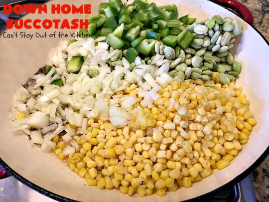 Down Home Succotash | Can't Stay Out of the Kitchen | this is my favorite way to enjoy #succotash. This easy #recipe includes #bacon & Roma #tomatoes along with the #corn & #limabeans. It's a terrific #sidedish for company or family dinners. #glutenfree