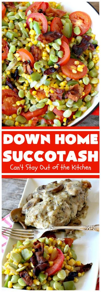 Down Home Succotash | Can't Stay Out of the Kitchen | this is my favorite way to enjoy #succotash. This easy #recipe includes #bacon & Roma #tomatoes along with the #corn & #limabeans. It's a terrific #sidedish for company or family dinners. #glutenfree
