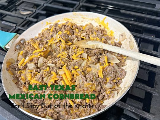 East Texas Mexican Cornbread | Can't Stay Out of the Kitchen | this fantastic layered #cornbread has a #GroundBeef layer in the middle that includes #CheddarCheese. The #cornbread layers include #CreamedCorn & #JalapeñoPeppers. Great for any #TexMex meal especially when served hot right out of the oven! #CincoDeMayo #Mexican #EastTexas #MexicanCornbread #EastTexasMexicanCornbread