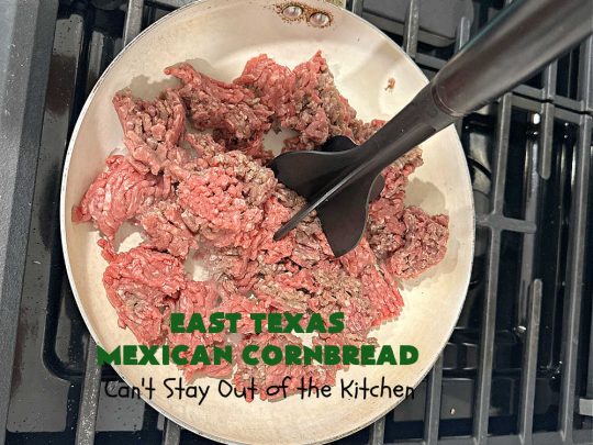 East Texas Mexican Cornbread | Can't Stay Out of the Kitchen | this fantastic layered #cornbread has a #GroundBeef layer in the middle that includes #CheddarCheese. The #cornbread layers include #CreamedCorn & #JalapeñoPeppers. Great for any #TexMex meal especially when served hot right out of the oven! #CincoDeMayo #Mexican #EastTexas #MexicanCornbread #EastTexasMexicanCornbread