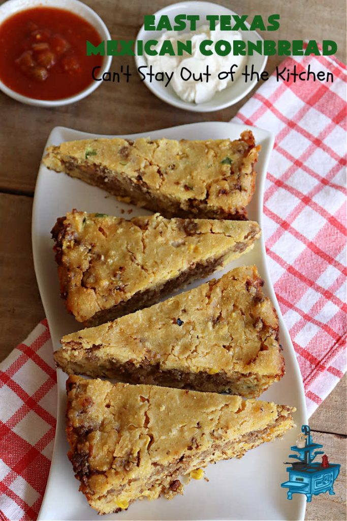 East Texas Mexican Cornbread | Can't Stay Out of the Kitchen | this fantastic layered #cornbread has a #GroundBeef layer in the middle that includes #CheddarCheese. The #cornbread layers include #CreamedCorn & #JalapeñoPeppers. Great for any #TexMex meal especially when served hot right out of the oven! #CincoDeMayo #Mexican #EastTexas #MexicanCornbread #EastTexasMexicanCornbread