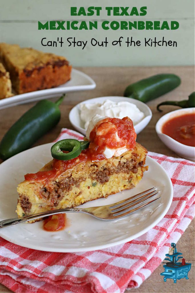 East Texas Mexican Cornbread | Can't Stay Out of the Kitchen | this fantastic layered #cornbread has a #GroundBeef layer in the middle that includes #CheddarCheese. The #cornbread layers include #CreamedCorn & #JalapeñoPeppers. Great for any #TexMex meal especially when served hot right out of the oven! #CincoDeMayo #Mexican #EastTexas #MexicanCornbread #EastTexasMexicanCornbread