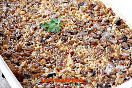 Easy Baked Rice | Can't Stay Out of the Kitchen | this delectable #rice uses only 6 ingredients! It's so easy - it's a dump and bake #recipe. This is a great #sidedish for #holidays like #MothersDay or #FathersDay. #casserole #parmesan #mushrooms