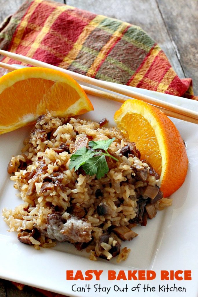 Easy Baked Rice | Can't Stay Out of the Kitchen | this delectable #rice uses only 6 ingredients! It's so easy - it's a dump and bake #recipe. This is a great #sidedish for #holidays like #MothersDay or #FathersDay. #casserole #parmesan #mushrooms