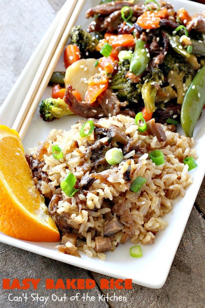 Easy Baked Rice | Can't Stay Out of the Kitchen | this delectable #rice uses only 6 ingredients! It's so easy - it's a dump and bake #recipe. This is a great #sidedish for #holidays like #MothersDay or #FathersDay. #casserole #parmesan #mushrooms