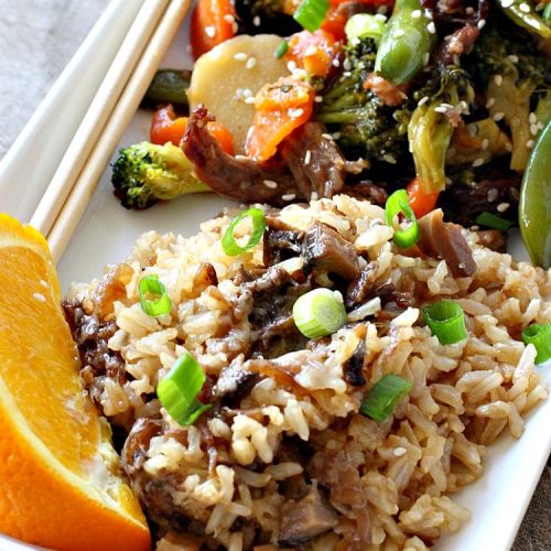 Easy Baked Rice | Can't Stay Out of the Kitchen | this delectable #rice uses only 6 ingredients! It's so easy - it's a dump and bake #recipe. This is a great #sidedish for #holidays like #MothersDay or #FathersDay. #casserole #parmesan #mushrooms