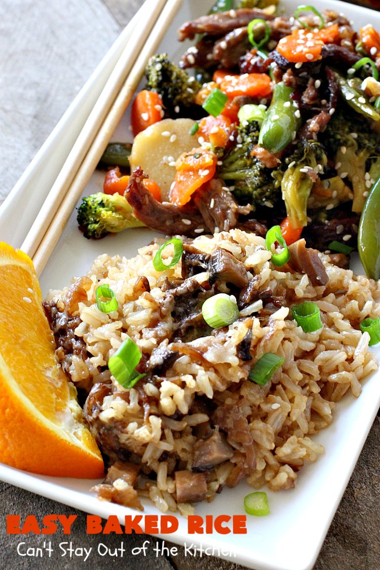 Easy Baked Rice | Can't Stay Out of the Kitchen | this delectable #rice uses only 6 ingredients! It's so easy - it's a dump and bake #recipe. This is a great #sidedish for #holidays like #MothersDay or #FathersDay. #casserole #parmesan #mushrooms