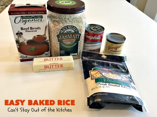 Easy Baked Rice | Can't Stay Out of the Kitchen | this delectable #rice uses only 6 ingredients! It's so easy - it's a dump and bake #recipe. This is a great #sidedish for #holidays like #MothersDay or #FathersDay. #casserole #parmesan #mushrooms