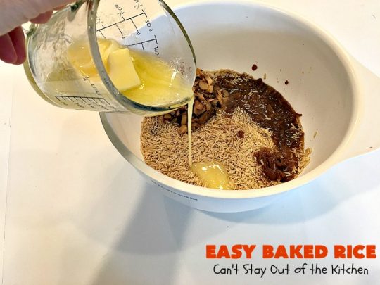 Easy Baked Rice | Can't Stay Out of the Kitchen | this delectable #rice uses only 6 ingredients! It's so easy - it's a dump and bake #recipe. This is a great #sidedish for #holidays like #MothersDay or #FathersDay. #casserole #parmesan #mushrooms
