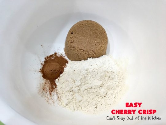 Easy Cherry Crisp| Can't Stay Out of the Kitchen | This scrumptious #dessert is also quick, easy & simple to make. Perfect for company or #ValentinesDay or other #holidays. #cherries #CherryDessert #EasyCherryCrisp