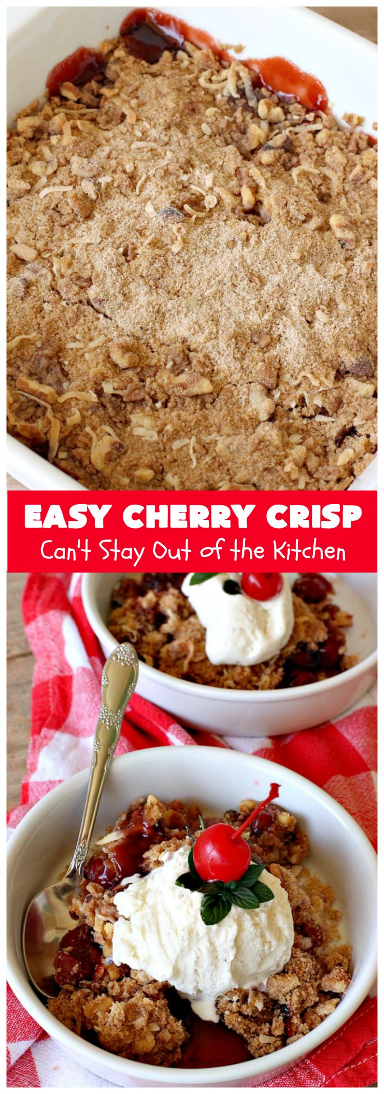 Easy Cherry Crisp| Can't Stay Out of the Kitchen | This scrumptious #dessert is also quick, easy & simple to make. Perfect for company or #ValentinesDay or other #holidays. #cherries #CherryDessert #EasyCherryCrisp