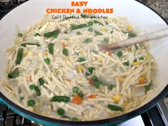 Easy Chicken and Noodles | Can't Stay Out of the Kitchen | This amazing #ChickenAndNoodles #recipe is irresistible & mouthwatering comfort food. Can be made for weeknight dinners in less than 30 minutes! #chicken #noodles #soup #EasyChickenAndNoodles