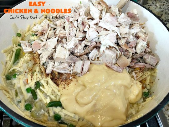 Easy Chicken and Noodles | Can't Stay Out of the Kitchen | This amazing #ChickenAndNoodles #recipe is irresistible & mouthwatering comfort food. Can be made for weeknight dinners in less than 30 minutes! #chicken #noodles #soup #EasyChickenAndNoodles