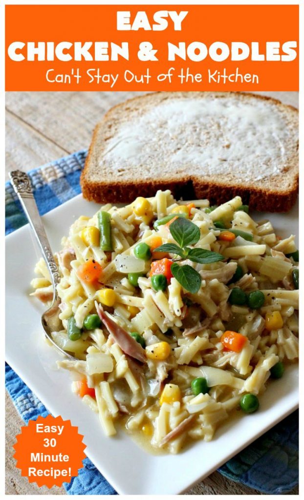 Easy Chicken and Noodles | Can't Stay Out of the Kitchen | This amazing #ChickenAndNoodles #recipe is irresistible & mouthwatering comfort food. Can be made for weeknight dinners in less than 30 minutes! #chicken #noodles #soup #EasyChickenAndNoodles