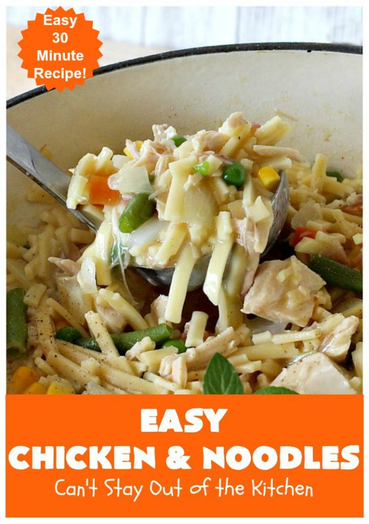 Easy Chicken and Noodles | Can't Stay Out of the Kitchen | This amazing #ChickenAndNoodles #recipe is irresistible & mouthwatering comfort food. Can be made for weeknight dinners in less than 30 minutes! #chicken #noodles #soup #EasyChickenAndNoodles