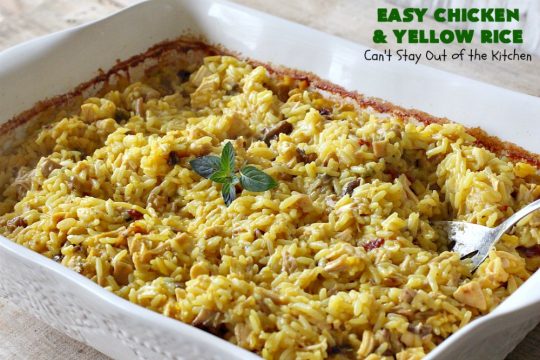 Easy Chicken and Yellow Rice | Can't Stay Out of the Kitchen | this easy 5-ingredient #chicken #casserole is fantastic. It's marvelous for weeknight dinners since it can be oven ready in 5 minutes! Our company loved this delicious main dish. #rice #YellowRice #mushrooms #EasyChickenAndYellowRice