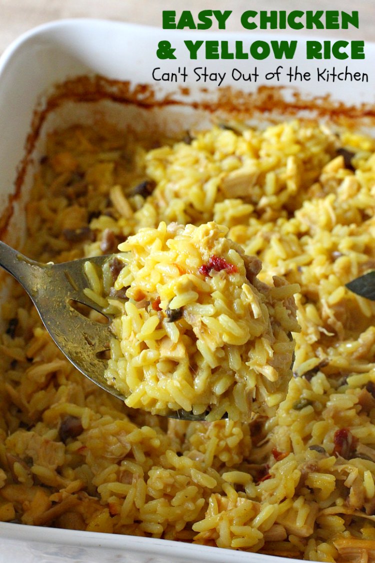 Easy Chicken and Yellow Rice | Can't Stay Out of the Kitchen | this easy 5-ingredient #chicken #casserole is fantastic. It's marvelous for weeknight dinners since it can be oven ready in 5 minutes! Our company loved this delicious main dish. #rice #YellowRice #mushrooms #EasyChickenAndYellowRice