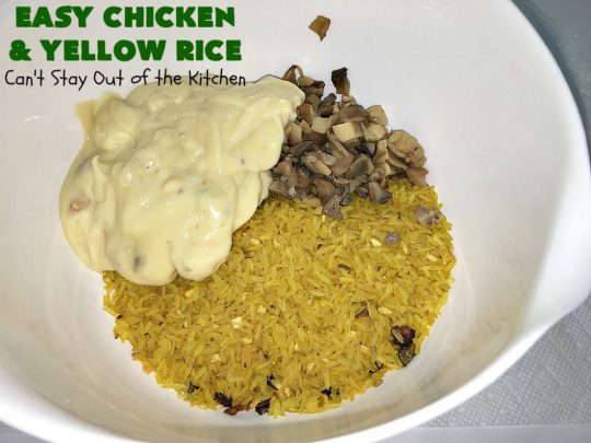 Easy Chicken and Yellow Rice | Can't Stay Out of the Kitchen | this easy 5-ingredient #chicken #casserole is fantastic. It's marvelous for weeknight dinners since it can be oven ready in 5 minutes! Our company loved this delicious main dish. #rice #YellowRice #mushrooms #EasyChickenAndYellowRice