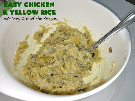Easy Chicken and Yellow Rice | Can't Stay Out of the Kitchen | this easy 5-ingredient #chicken #casserole is fantastic. It's marvelous for weeknight dinners since it can be oven ready in 5 minutes! Our company loved this delicious main dish. #rice #YellowRice #mushrooms #EasyChickenAndYellowRice