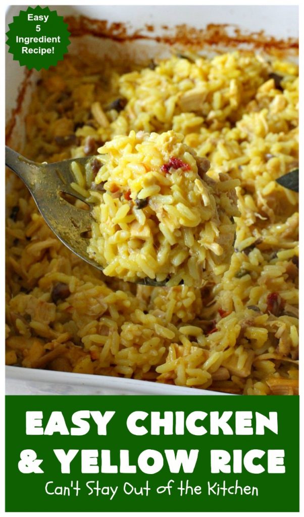 Easy Chicken and Yellow Rice | Can't Stay Out of the Kitchen | this easy 5-ingredient #chicken #casserole is fantastic. It's marvelous for weeknight dinners since it can be oven ready in 5 minutes! Our company loved this delicious main dish. #rice #YellowRice #mushrooms #EasyChickenAndYellowRice