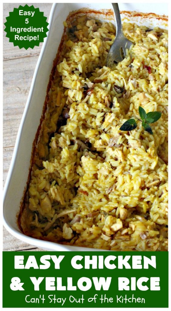 Easy Chicken and Yellow Rice | Can't Stay Out of the Kitchen | this easy 5-ingredient #chicken #casserole is fantastic. It's marvelous for weeknight dinners since it can be oven ready in 5 minutes! Our company loved this delicious main dish. #rice #YellowRice #mushrooms #EasyChickenAndYellowRice