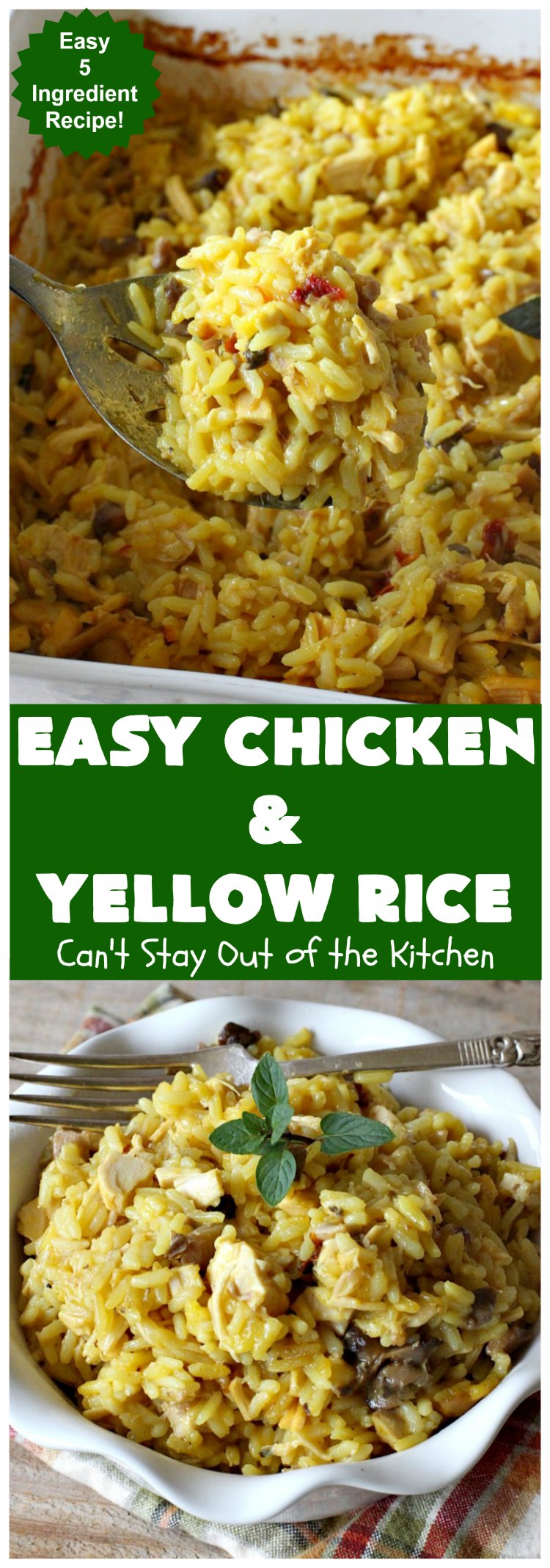 Easy Chicken and Yellow Rice | Can't Stay Out of the Kitchen | this easy 5-ingredient #chicken #casserole is fantastic. It's marvelous for weeknight dinners since it can be oven ready in 5 minutes! Our company loved this delicious main dish. #rice #YellowRice #mushrooms #EasyChickenAndYellowRice