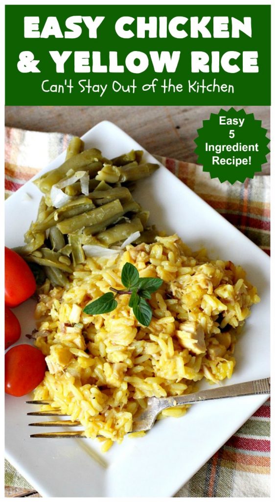Easy Chicken and Yellow Rice | Can't Stay Out of the Kitchen | this easy 5-ingredient #chicken #casserole is fantastic. It's marvelous for weeknight dinners since it can be oven ready in 5 minutes! Our company loved this delicious main dish. #rice #YellowRice #mushrooms #EasyChickenAndYellowRice