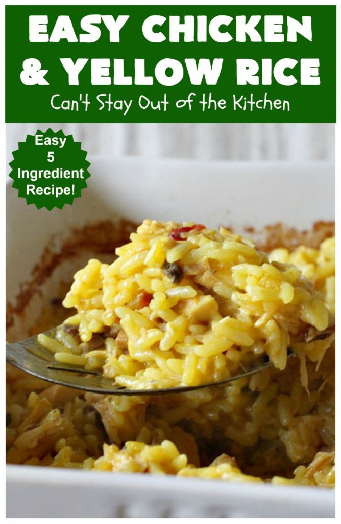 Easy Chicken and Yellow Rice | Can't Stay Out of the Kitchen | this easy 5-ingredient #chicken #casserole is fantastic. It's marvelous for weeknight dinners since it can be oven ready in 5 minutes! Our company loved this delicious main dish. #rice #YellowRice #mushrooms #EasyChickenAndYellowRice