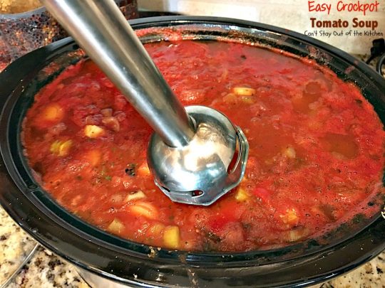 Easy Crockpot Tomato Soup | Can't Stay Out of the Kitchen | this delicious homemade #tomato #soup is amazing comfort food. It's so easy since it's made in the #slowcooker. #glutenfree & #vegan if you eliminate the #parmesancheese as a garnish.