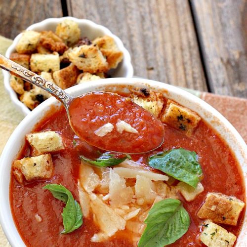 Easy Crockpot Tomato Soup | Can't Stay Out of the Kitchen | this delicious homemade #tomato #soup is amazing comfort food. It's so easy since it's made in the #slowcooker. #glutenfree & #vegan if you eliminate the #parmesancheese as a garnish.